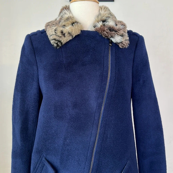 REBECCA TAYLOR Wool Blend Coat Faux Fur Collar Navy Blue, Size 2 - Picture 3 of 15